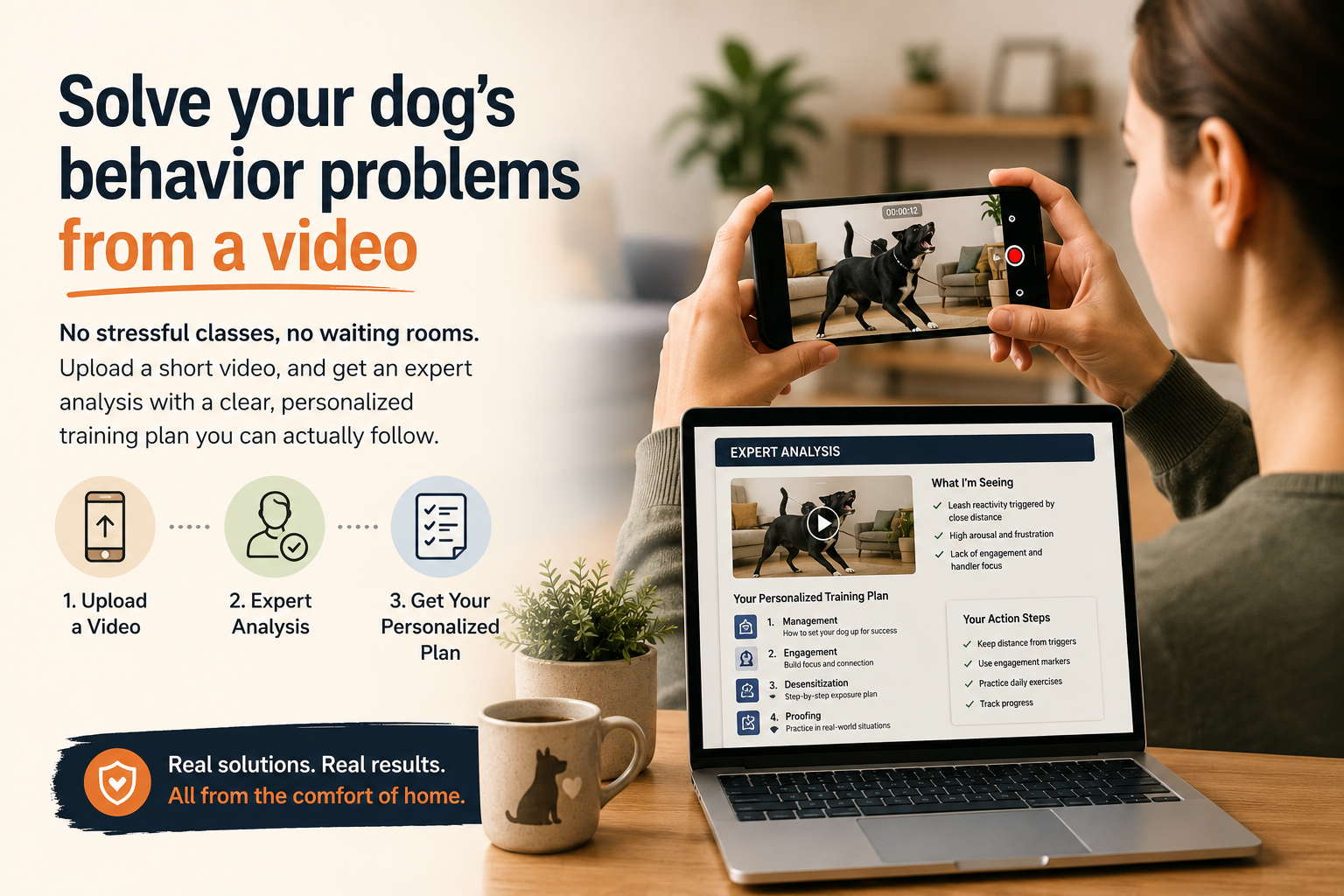Owner filming their dog's behavior on a phone while a laptop shows an expert analysis and personalized training plan